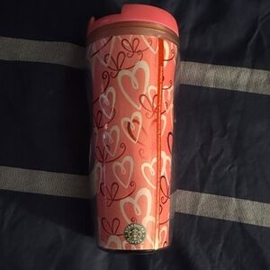 2004 Starbucks Pink and Red Heart Tumbler with lid.